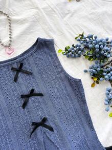 Soleia Women's Vacation Knitted Heather Blue Textured Fabric Round Neck Front Ribbon Bow Contrast Decor Front & Hem Slit Fitted Camisole, Fashionable Autumn/Winter Underlayer - Blue - View 5