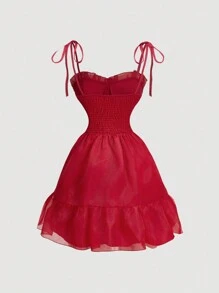 SHEIN MOD Đầm hai dây thanh lịch nhiều lớp buộc phía trước màu trơn cho nữ - Đỏ - Xem 5