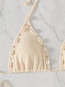 SHEIN Swim Women's Solid Color Lace Trim Seashell Tied Halter Bikini Set Summer