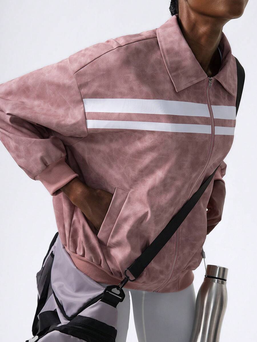 VARSITIE Dirty Pink Striped Printed Zipper Loose Casual PU Women Jackets