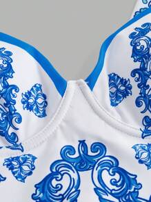 Swim Oasis 1pc Luxurious Boho Floral Print Ruffle Sleeve Premium 2 Pieces Swimsuit Set Summer - Blue and White - View 7
