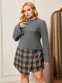 SHEIN Privé Plus Size Solid Color Ribbed Textured Long Sleeve T-Shirt - Dark Grey - View 3