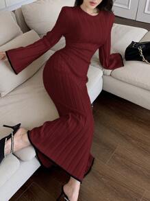 Seusyu Women Solid Color Round Neck Long Sleeve Minimalist Style Long Knitted Sweater Dress - Burgundy - View 6