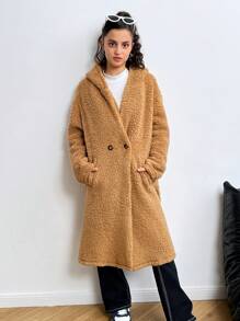 SHEIN 青少年女孩长款连帽休闲棕色泰迪羊毛夹克，可爱外套，返校外套，秋冬