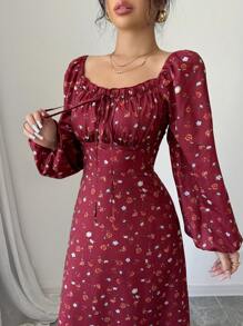 Mulvari Women Casual Ditsy Floral Lantern Sleeve Dress, Autumn For New Year Clothes Maxi Women Outfit