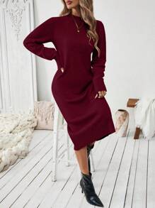 EMERY ROSE Women Solid Color Casual Simple Knitted Sweater Dress For Autumn/Winter Fall Cloth For Women - Burgundy - View 4