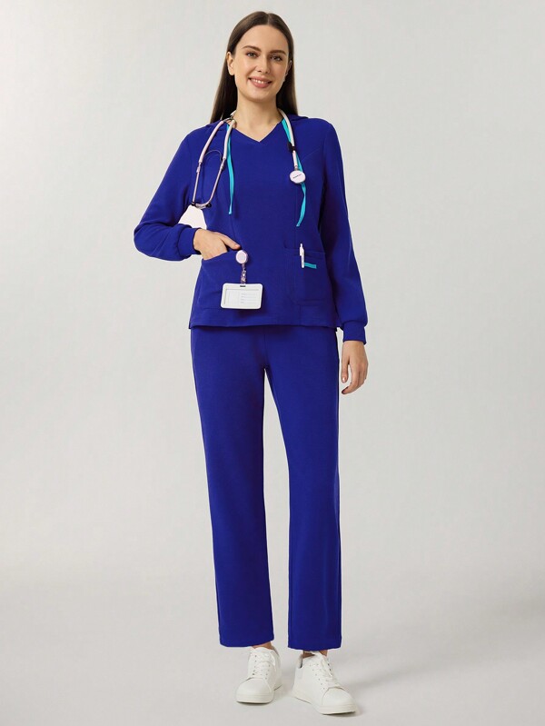 Scrubzie Conjunto de uniforme de pantalón y parte superior de manga larga con escote en V y bolsillo de unicolor