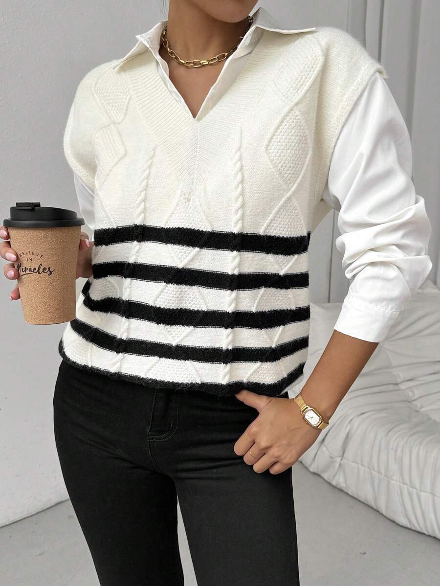 Chiquease Fashionable Loose Casual V-Neck Striped Knitting Vest Sweater For Women