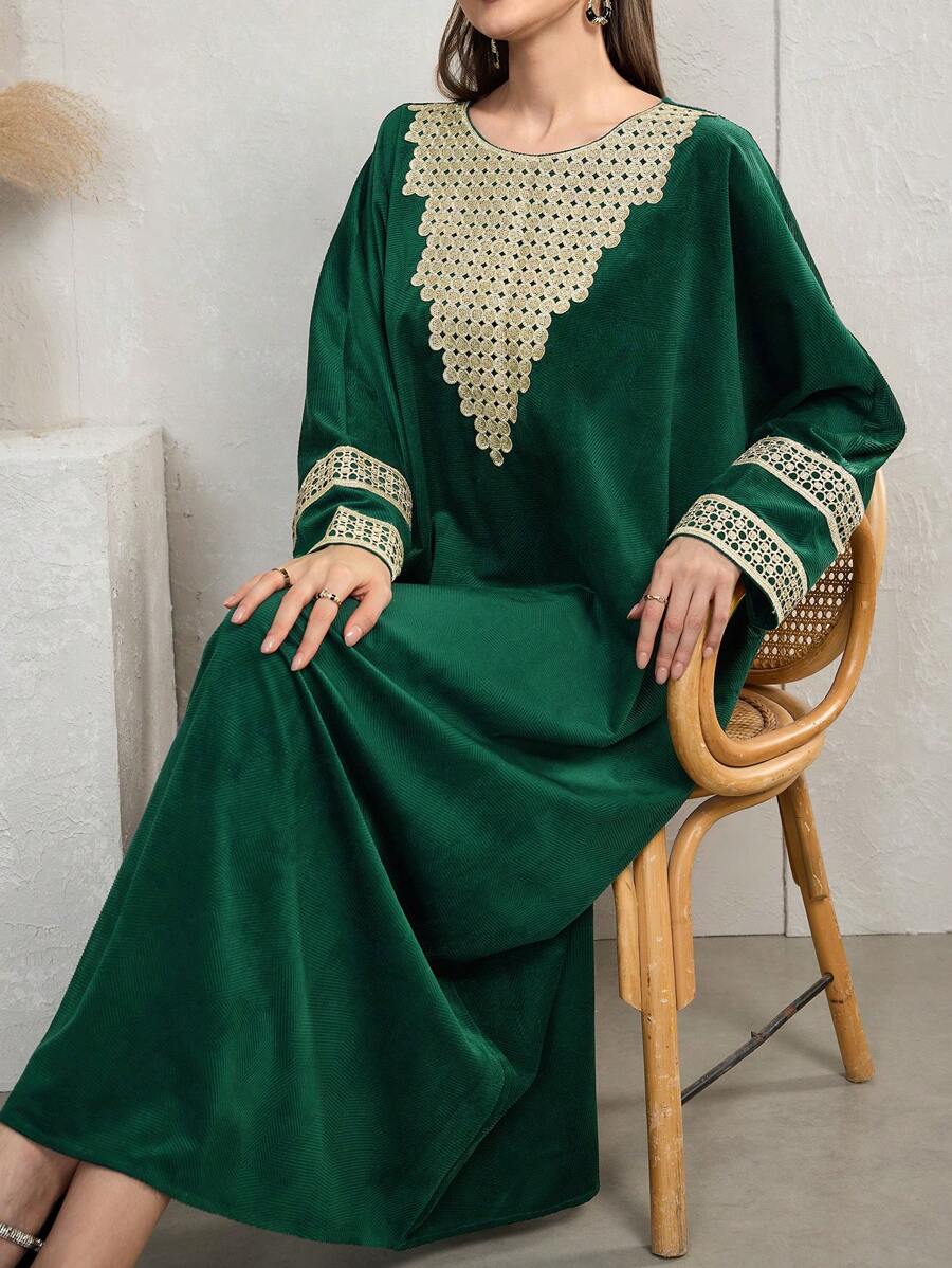 Al Najma Kaftan nhung ren tương phản truyền thống bảo thủ, váy dài tay bướm Ả Rập khiêm tốn Kaftan & Jalabiya, cho tiệc tối/khách dự tiệc cưới/kỷ niệm - màu xanh lá - Xem 1