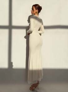 Aloruh Apricot Mesh Splice Tight V-Neck Lace Trim Long Sleeve High Slit Maxi Party Dress For Women - White - View 4