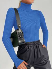 Cloudara Turtleneck Ribbed Knit Sweater - Navy Blue - View 3