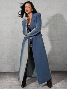 Denimoi 女式前扣长袖仿口袋长款工装牛仔休闲风衣，冬季/秋季日常穿着，外出，女士冬装 - 藍色 - 查看 3