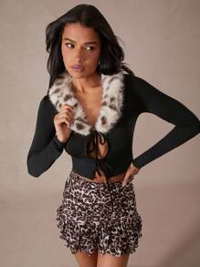 Hauture Women Black Autumn 70's Tie Front Fuzzy Leopard Print Patchwork Long Sleeve Top,Club Night Party Disco Winter Clothes For Date Performances Festivals - Black - View 4