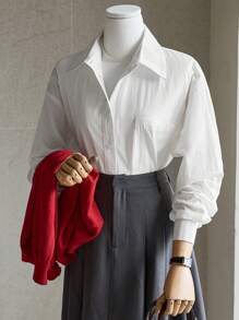 DAZY 1pc Plain Long Sleeve Collared Pocket Blouse For Women,Fall Clothes - White - View 1