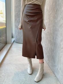 DAZY Solid Color PU Slit Asymmetric Pleated Women Skirt,Pencil Skirt,Fall Clothes Leather Skirt Winter Women Skirts