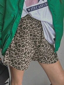 DAZY 女式弹力腰直筒豹纹短裤，适合所有季节秋季 - 卡其色 - 查看 8
