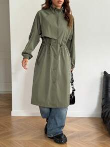 SHEIN EZwear 女士秋冬日常运动休闲工装褶饰军绿色长袖风衣 - 軍綠色 - 查看 1