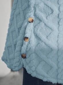 SHEIN Maternity Solid Button Front Hooded Fleece Long Sleeve Jacket, Jacket, Autumn/Winter - Blue - View 3