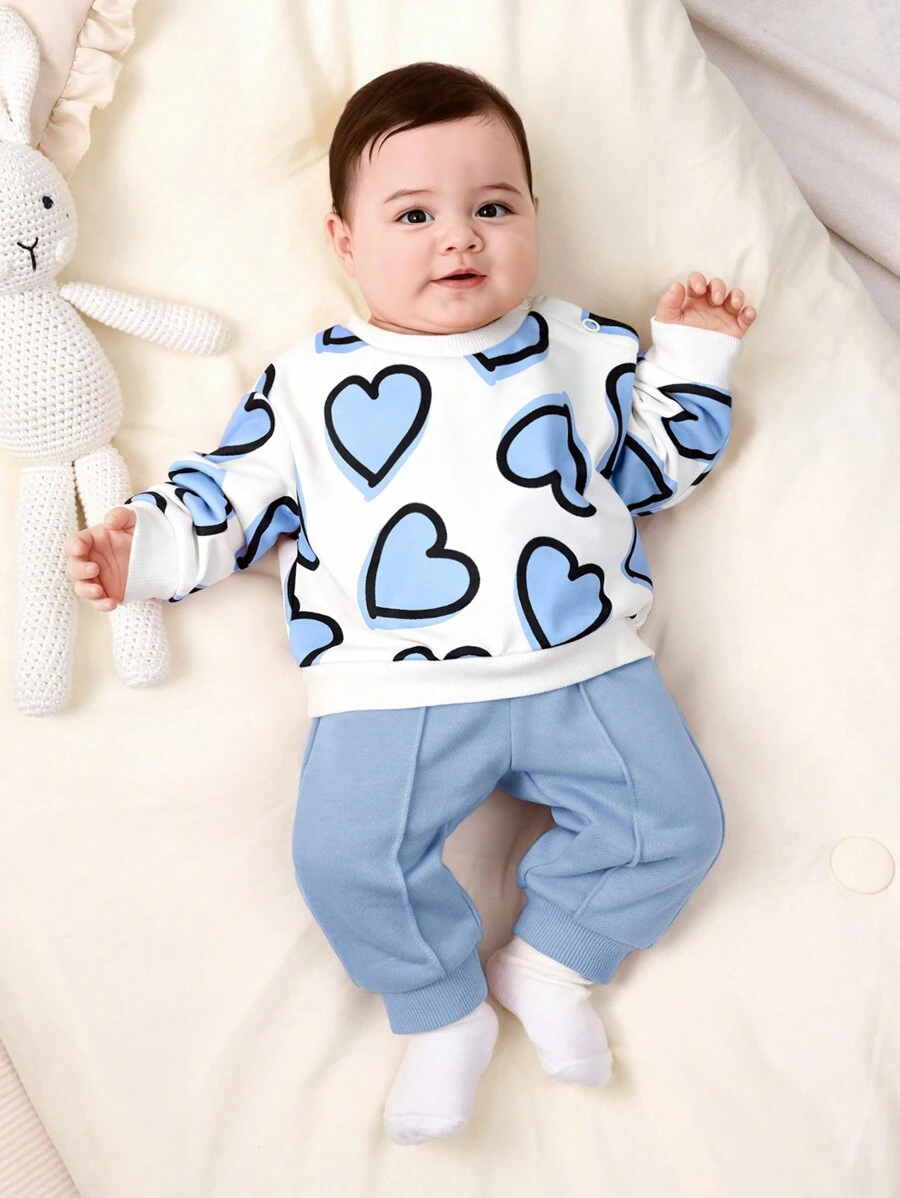 SHEIN Newborn Baby Girls Heart Print Sweatshirt With Elastic Waist Solid Color Pants Set, Autumn/Winter - Blue and White - View 1