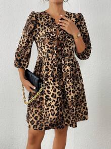 SHEIN LUNE Váy midi tay 3/4 buộc nơ phía trước họa tiết da báo - màu nâu - Xem 5