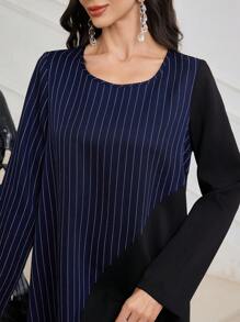 Al Najma Vestido árabe de manga larga con cuello redondo, de corte holgado, estilo color block y diseño de parches a rayas, para uso diario casual. Modesto, elegante abaya, kaftan y jalabiya.
