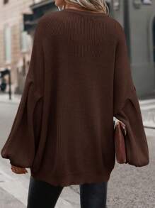 SHEIN LUNE 女士纯色圆领落肩长袖宽松休闲套头毛衣，秋冬 - 棕色 - 查看 2