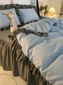 3 件套宿舍蓝色床上用品套装，包括羽绒被套 + 床笠 + 枕套，拉绒，可机洗 - 藍色 - 查看 2