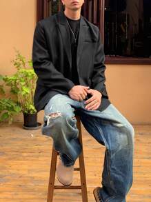 DAZY 1 件男士休闲纯色翻领夹克，秋季服装 - 黑色 - 查看 9