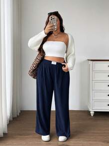 SHEIN EZwear Damen Große Größen Herbst/Winter Hose mit hoher Taille und weitem Bein, locker geschnitten mit Taschen und Patches Design, geeignet für Schule, Alltag und Büro, Cord Material - marineblau - Übersicht 6