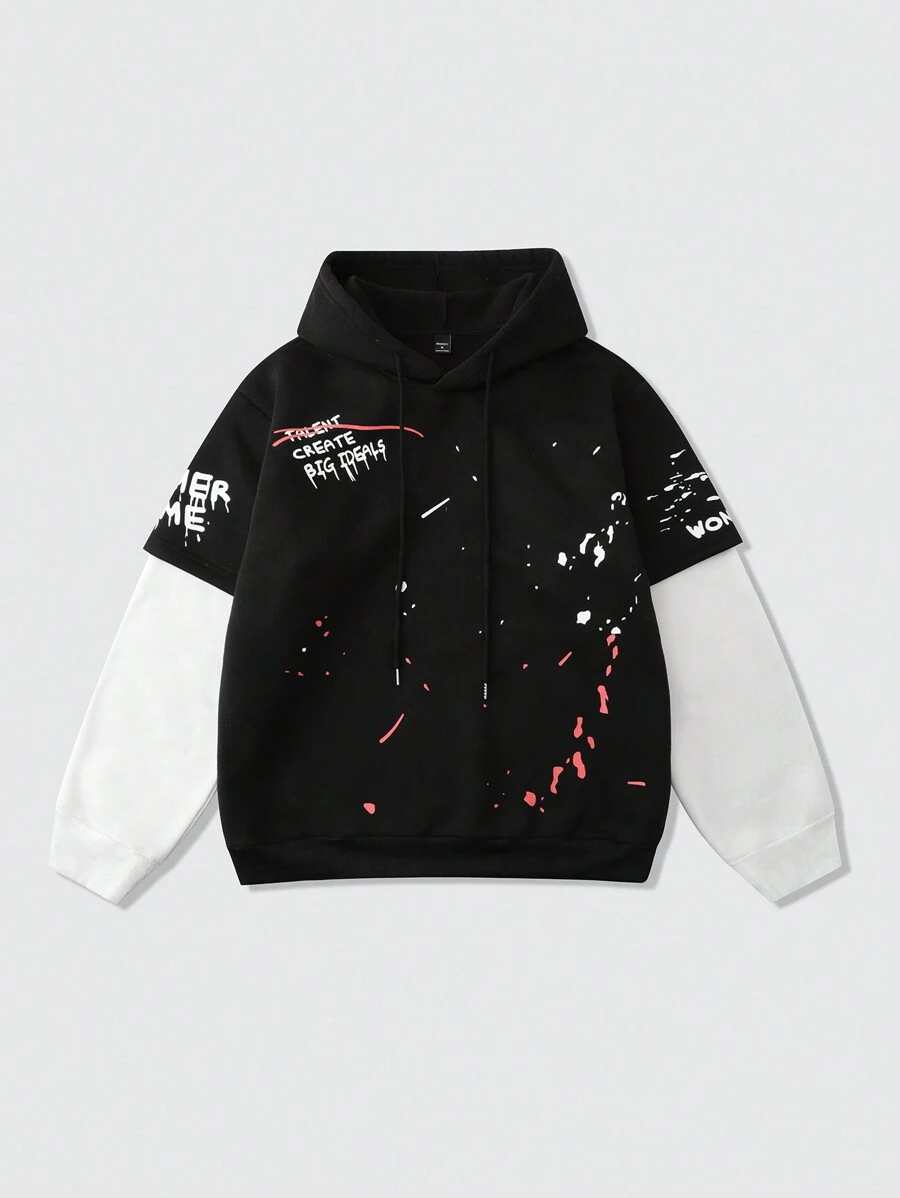 Manfinity EMRG Casual Men Slogan Print Long Sleeve Drawstring Hoodie - Black and White - View 1