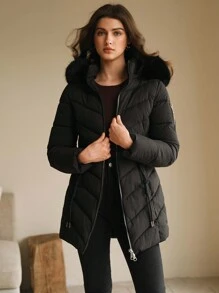 Anewsta Women's Mid-Length Minimalist Style Hooded Jacket - Black - View 9