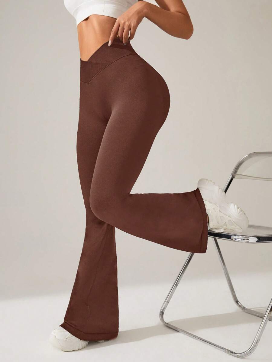 Easithlete 女士休闲纯色交叉腰喇叭运动裤 - 棕色 - 查看 1