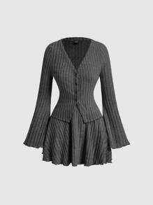 SHEIN MOD 2pcs Set: Women Solid Color Rib-Knit V-Neck Long Sleeve Top And Mini Skirt