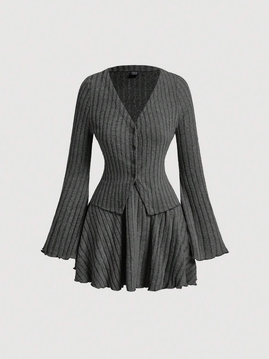 SHEIN MOD 2pcs Set: Women Solid Color Rib-Knit V-Neck Long Sleeve Top And Mini Skirt
