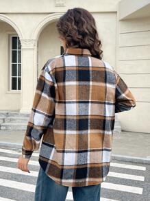 SHEIN Leap Crew Teen Girl Plaid Print Drop Shoulder Pocket Patched Shirt,Back To School,Street,Fall/Winter - Brown - View 2