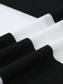 SHEIN Áo thun cổ tròn kẻ sọc dệt nhãn hiệu Anh thoải mái, đa năng, rộng rãi cho bé trai tuổi teen - Đen và trắng - Xem 7