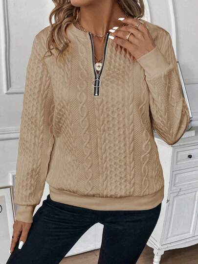 INAWLY New Fashion Plus Size Women Casual Half Zipper Jacquard Knit Sweatshirt Pullover Fall