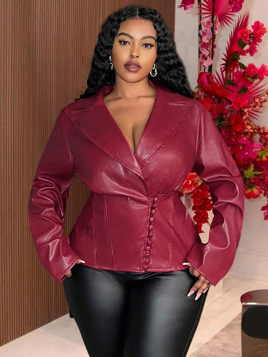 Slaydiva Giacca elegante e vintage in borgogna, con scollo a V, maniche lunghe e vita stretta, per l'autunno e l'inverno, taglie forti - Bordò - Visualizzare 1