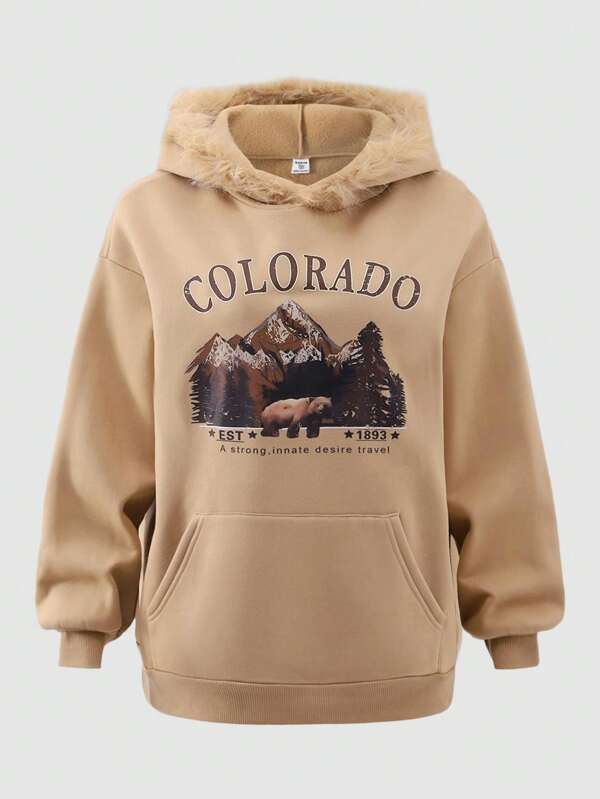 SHEIN Teenager Girls Casual Furry Graphic Print Hooded Sweatshirt, Street Style, Autumn/Winter