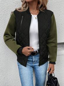 SHEIN LUNE Olivgrüne & Schwarze Farbblock Damen Jacke mit Langarm, geeignet für den täglichen Gebrauch und Outdoor, Bomberjacke für Frauen
