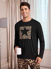 Manfinity Leopard Print Long Sleeve & Long Pants Men Sleepwear Set - Multicolor - View 3