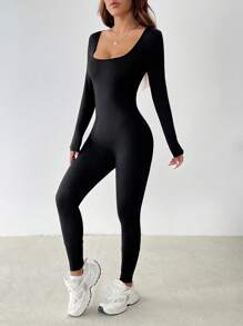 SHEIN PETITE 纯色圆领紧身衣 春季女式连体裤 - 黑色 - 查看 7