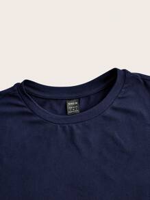 SHEIN ICON Kaos Wanita Kasual Lengan Pendek Leher Bulat Warna Biru Tua, Pas Badan, Cocok untuk Musim Panas dan untuk Bepergian. - Navy Blue - View 5