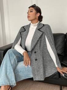 Calvaya Plus Size Two-Row Button Contrast Trim Batwing Sleeve Elegant Coat - Multicolor - View 3