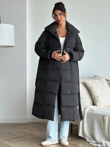 SHEIN Privé Women's Black Lapel Belt Decor Long Padded Coat