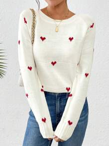 Chiquease 优雅心形图案针织毛衣，适合节日、情人节和秋冬季穿着。 - 白色 - 查看 1