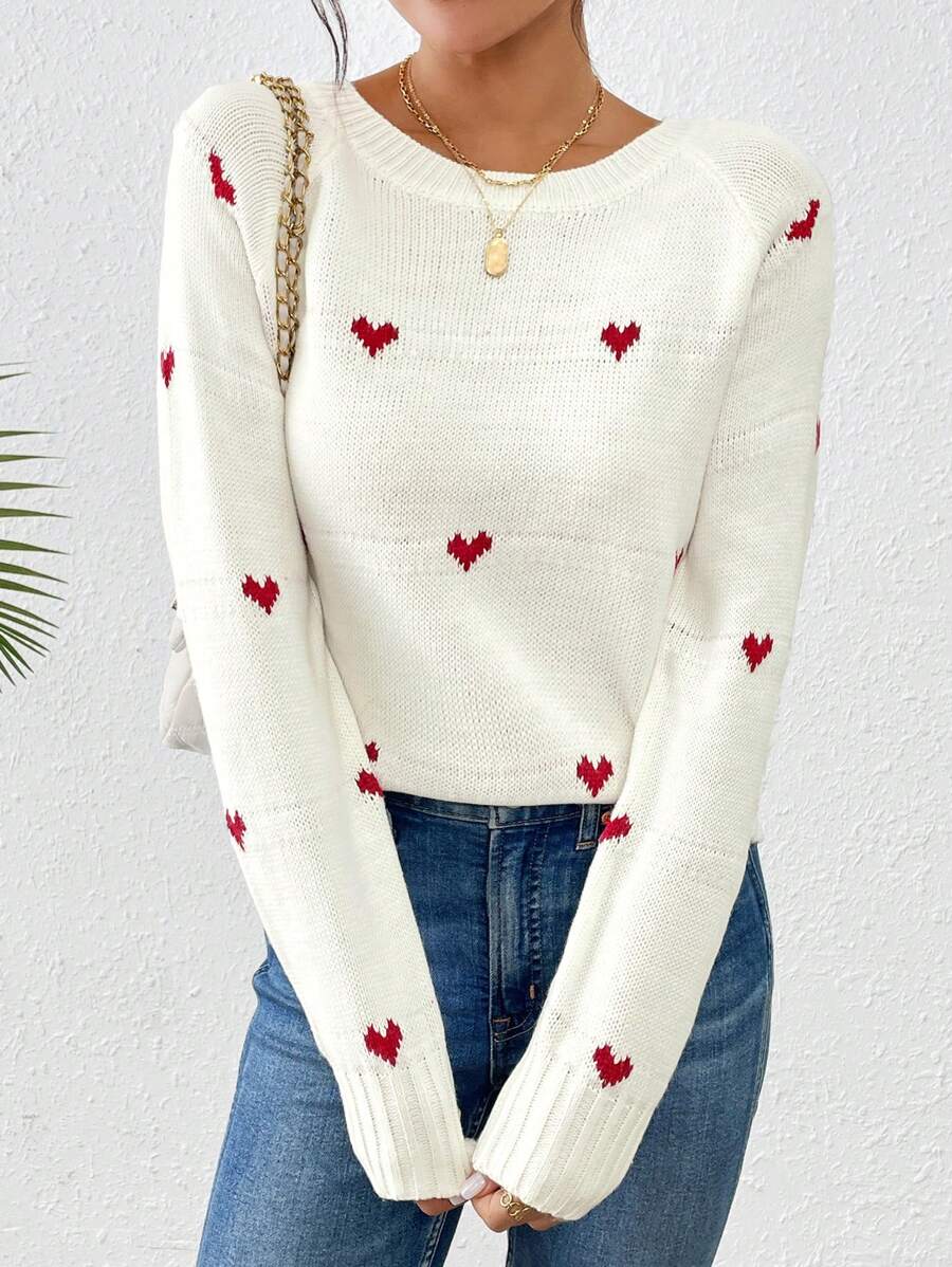 Chiquease 优雅心形图案针织毛衣，适合节日、情人节和秋冬季穿着。 - 白色 - 查看 1