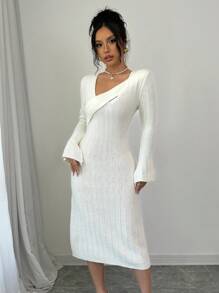 Elenzga Women Asymmetric Collar Long Sleeve Fitted Elegant Sweater Dress, Autumn/Winter