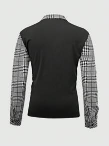 Manfinity Homme Camisa polo de manga larga casual con cremallera delantera, con diseño de cuadros y parches, camisa de golf con cuello de color block de moda para hombres