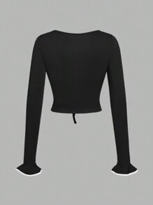 Zanirela 1pc Women's Off-Shoulder Design Colorblock Ruffle Trim Fitted Hollow Out Long Sleeve T-Shirt Cute Funny Shirts  Fall Cloth For Women - Black - View 2
